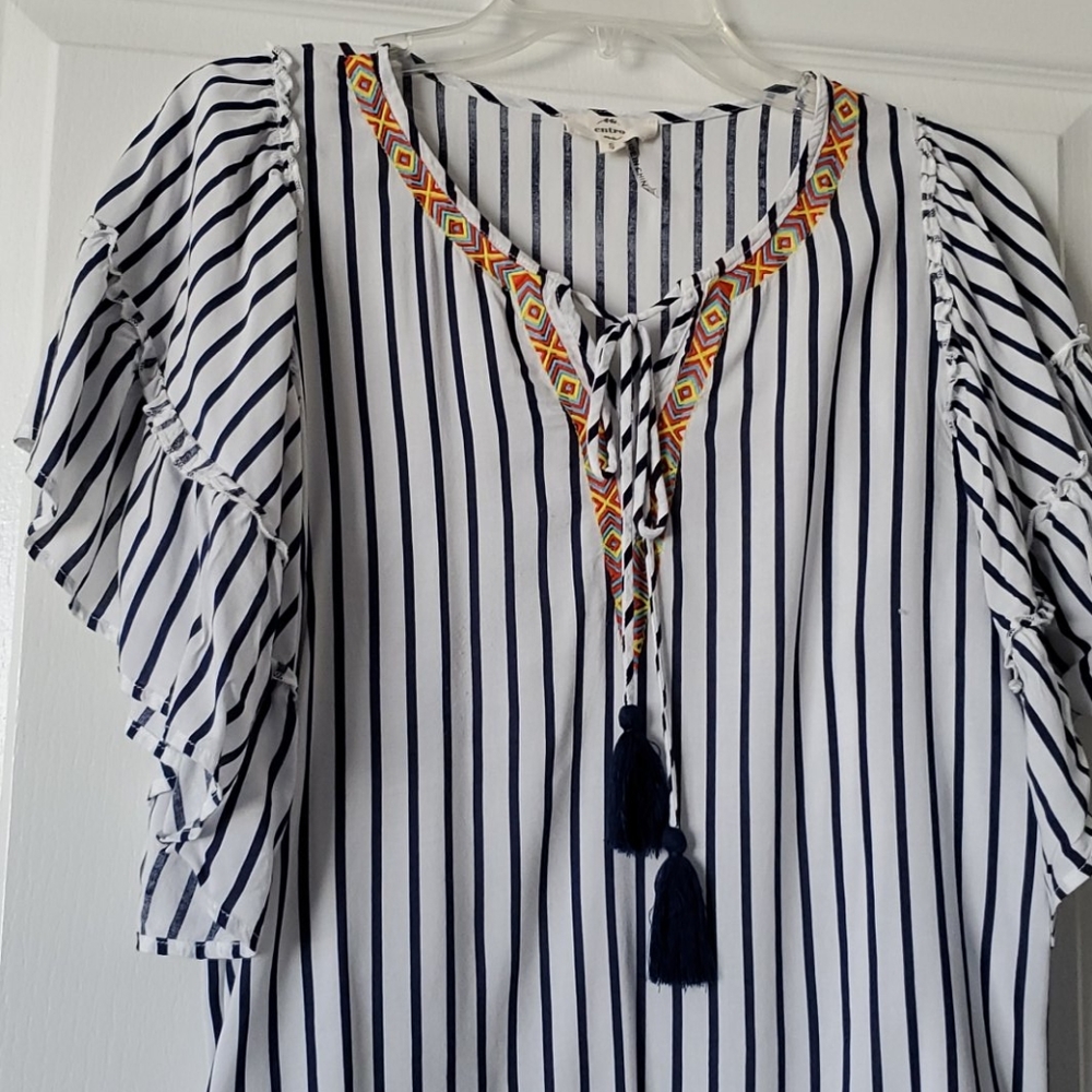 Entro Blue White Stripe Flutter Sleeve Tassel Tie Boho Blouse Top Size S/M - Picture 6 of 6